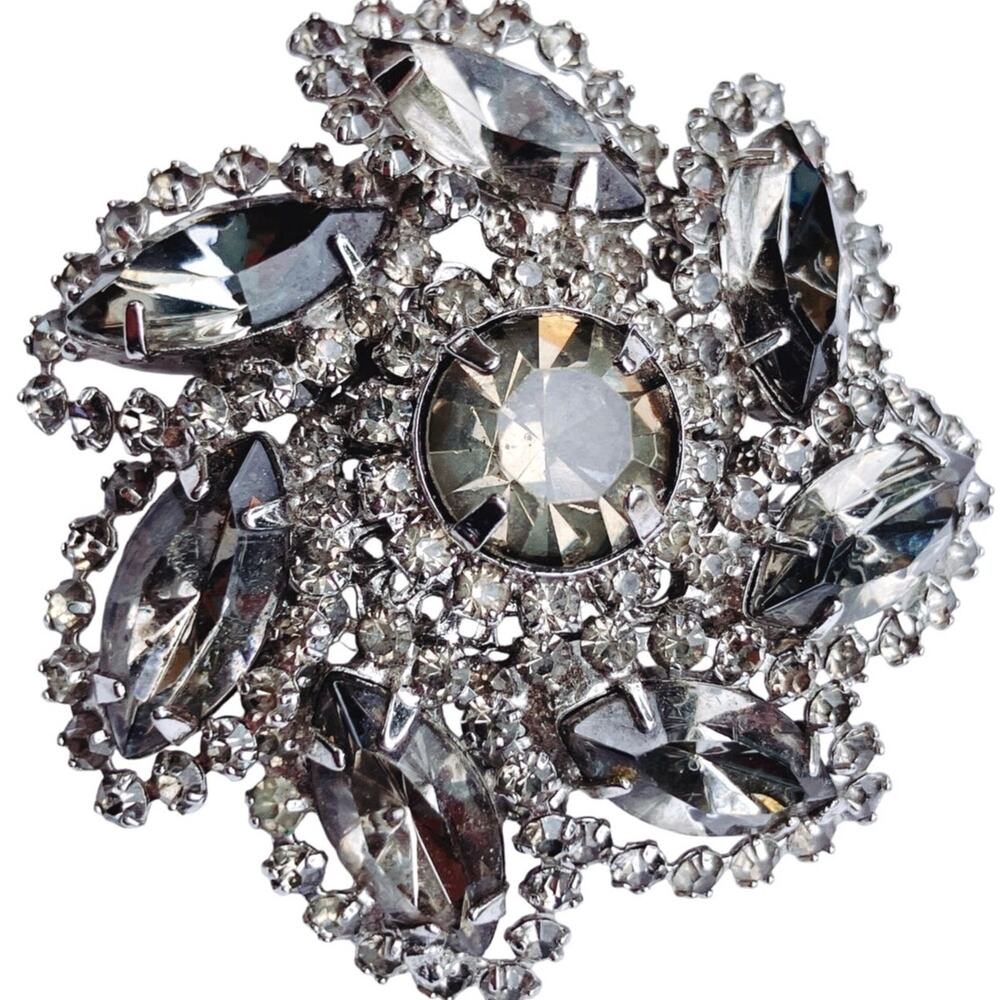 Vintage 1950s Rhinestone Brooch Prong Set Glass Domed Floral Mid Century Pin